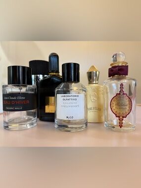 Collection of six Glass Perfume Bottles - Clear, Black, Cream, Gold, Burgundy